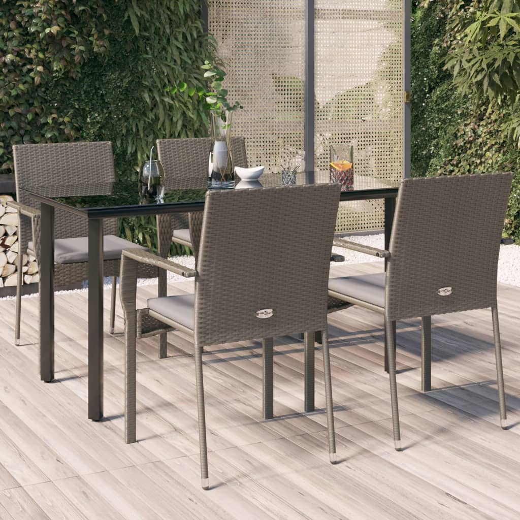 5 Pcs conjunto jantar jardim c/ almofadões vime PE preto/cinza