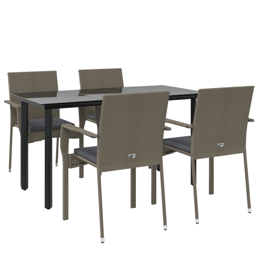 5 Pcs conjunto jantar jardim c/ almofadões vime PE preto/cinza