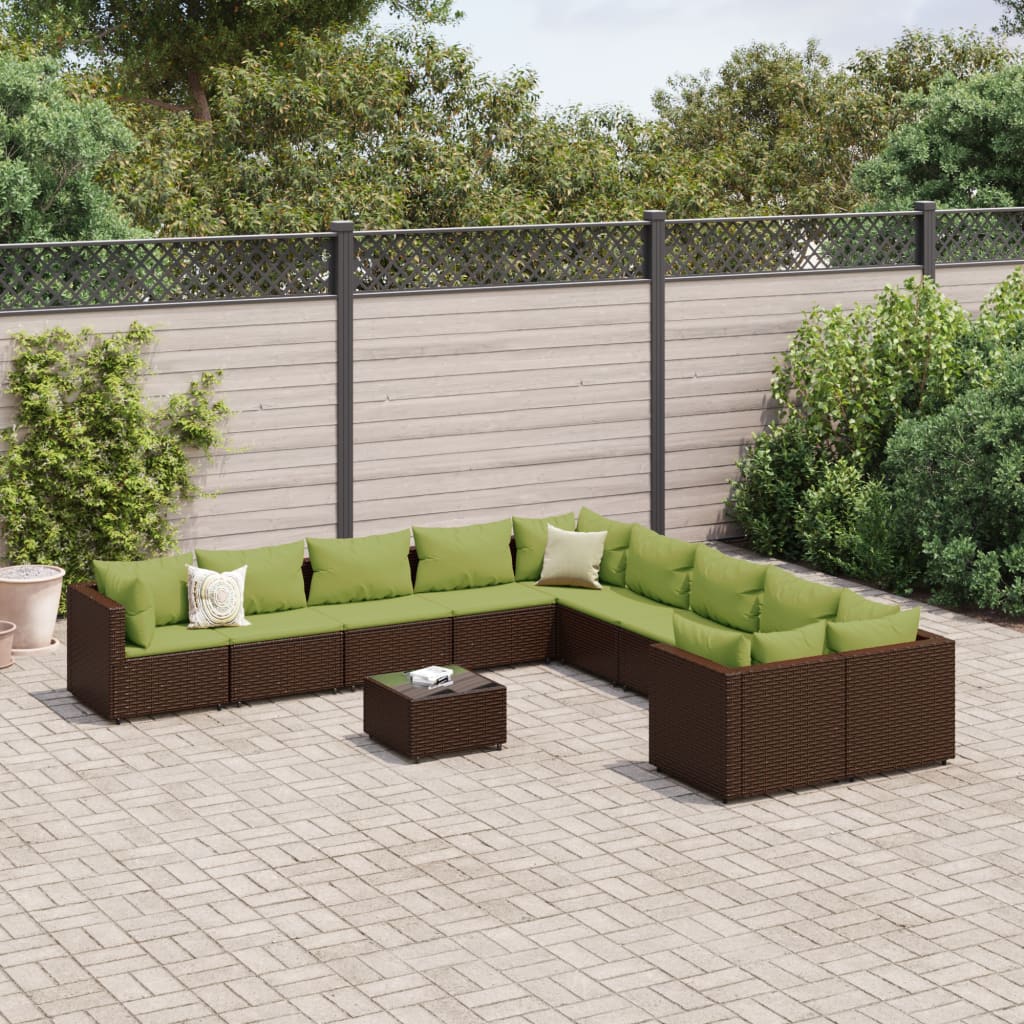 11 Pcs conjunto sofás de jardim c/ almofadões vime PE castanho