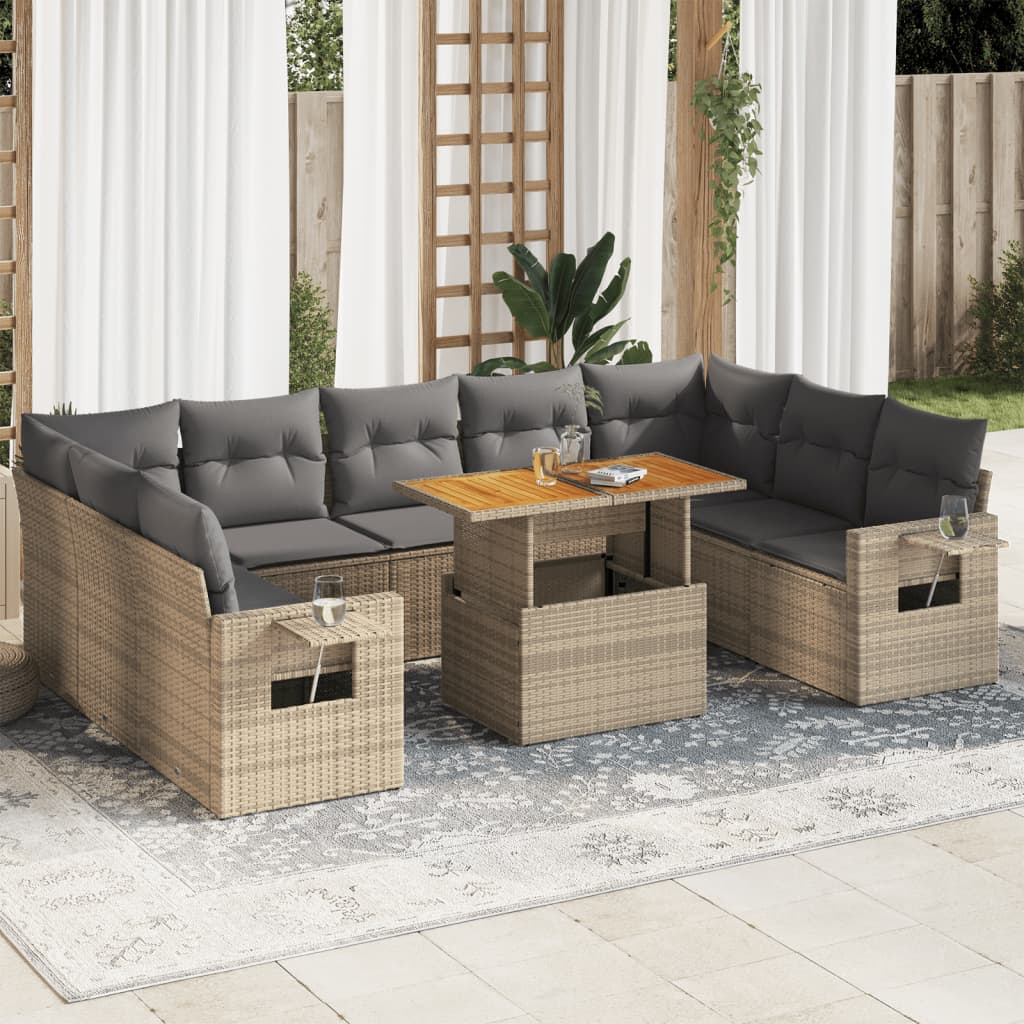 10 Pcs conjunto de sofás p/ jardim com almofadões vime PE bege