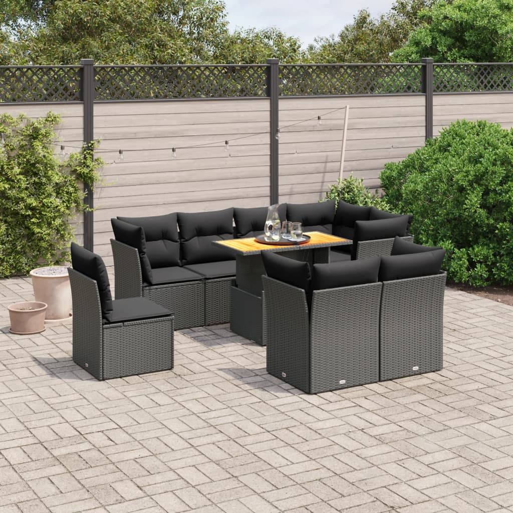 9 Pcs conjunto de sofás p/ jardim c/ almofadões vime PE preto