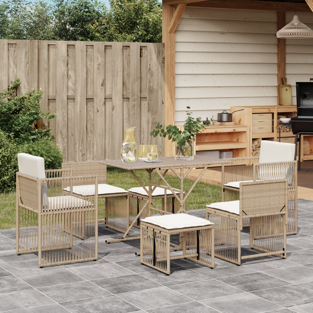 7 Pcs conjunto de jantar p/ jardim com almofadões vime PE bege