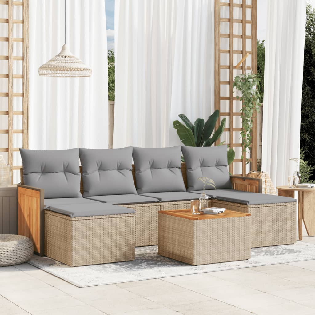 7 Pcs conjunto de sofás p/ jardim com almofadões vime PE bege