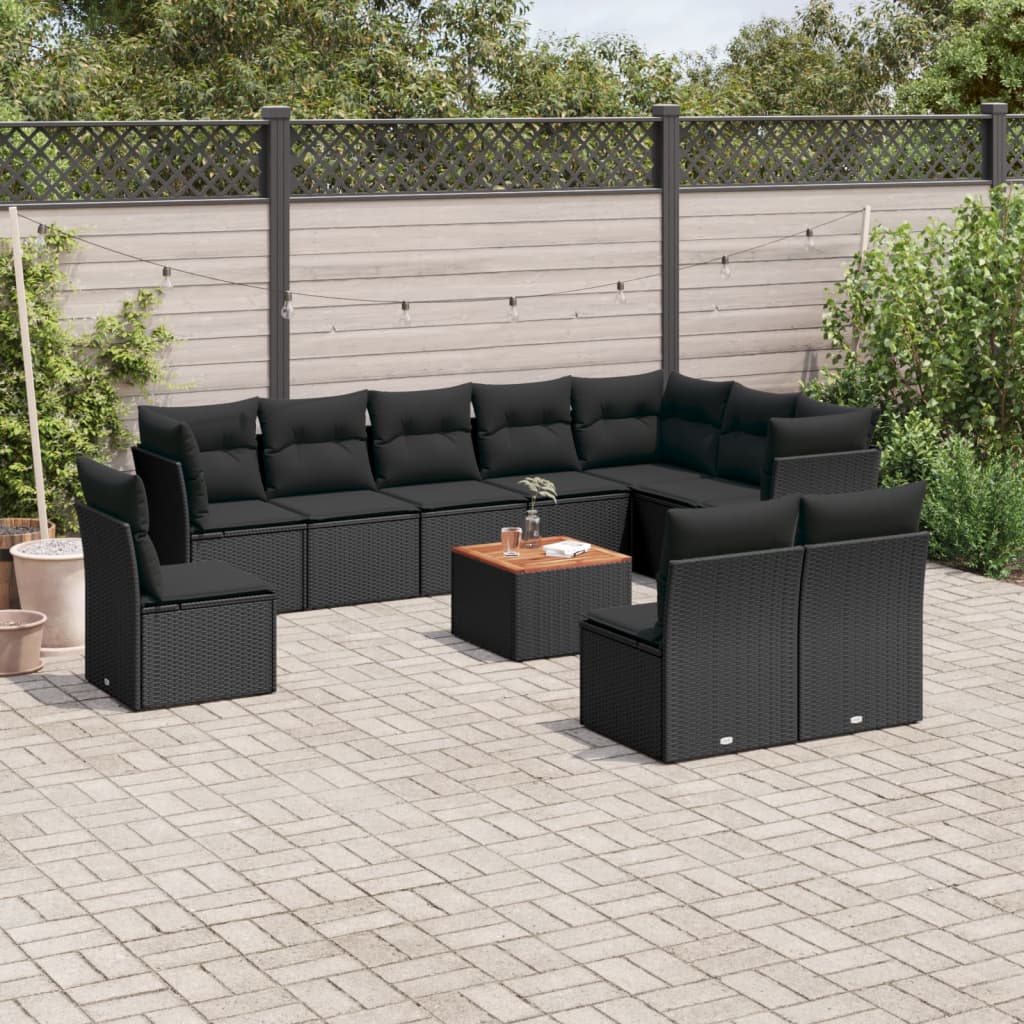 11 Pcs conjunto sofás de jardim c/ almofadões vime PE preto