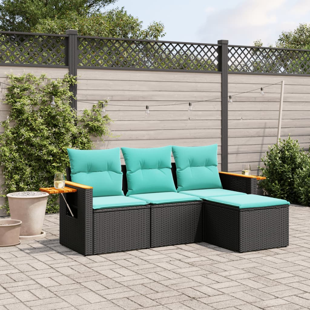 4 Pcs conjunto de sofás p/ jardim c/ almofadões vime PE preto