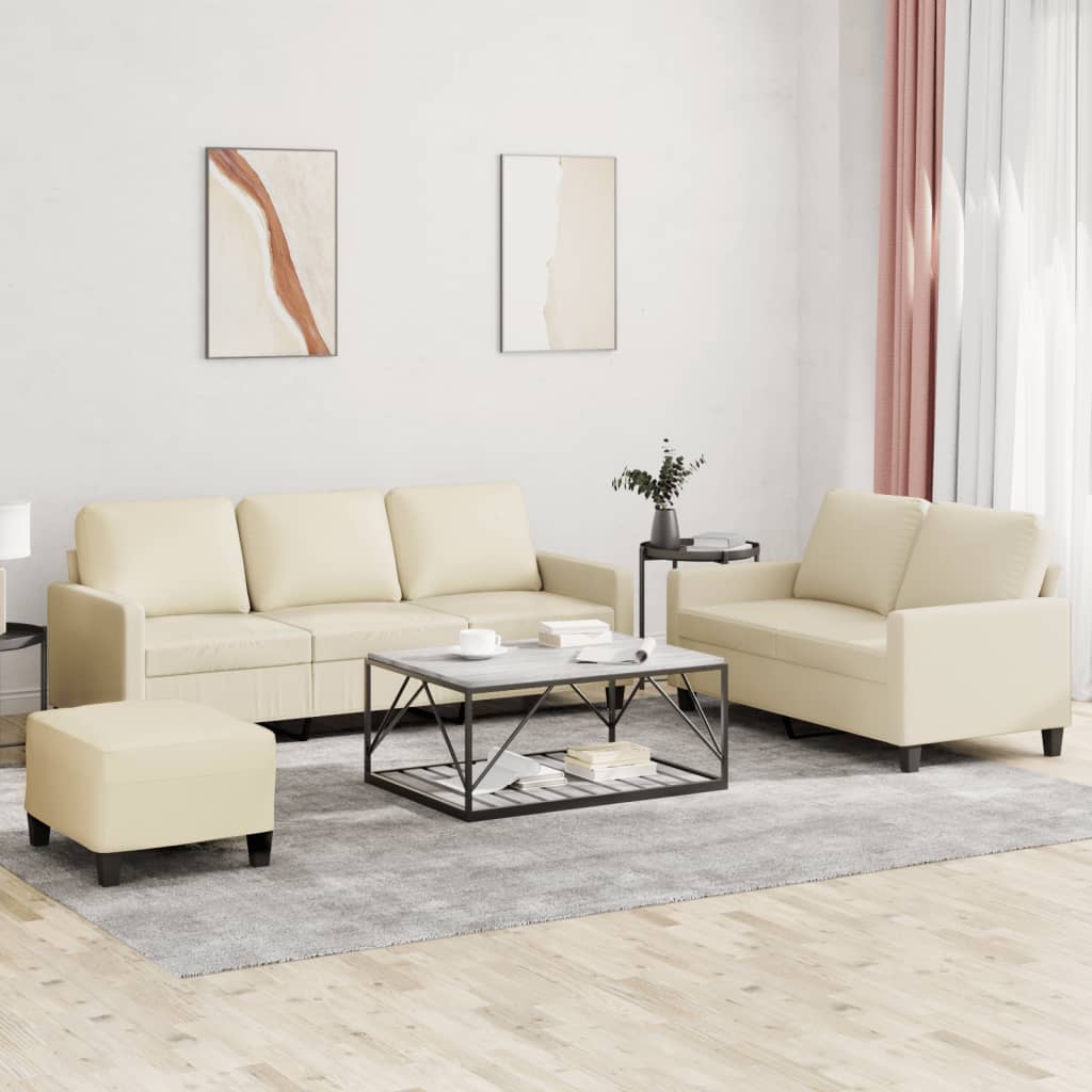 3 Pcs conjunto sofás c/ almofadões couro artificial cor creme
