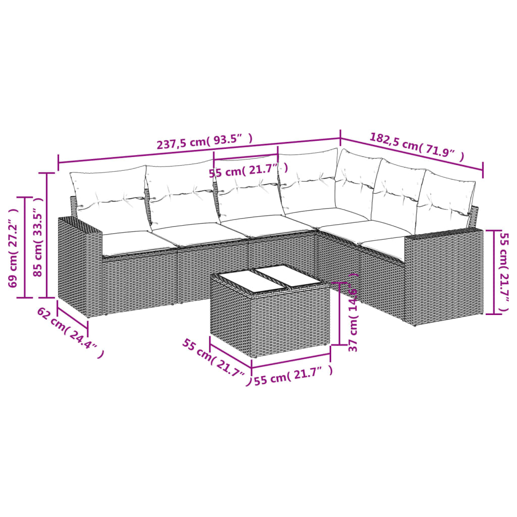 7 Pcs conj. sofás jardim com almofadões vime PE cinzento-claro