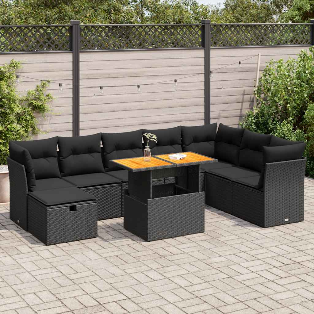 9 Pcs conjunto sofás p/ jardim almofadões vime PE/acácia preto