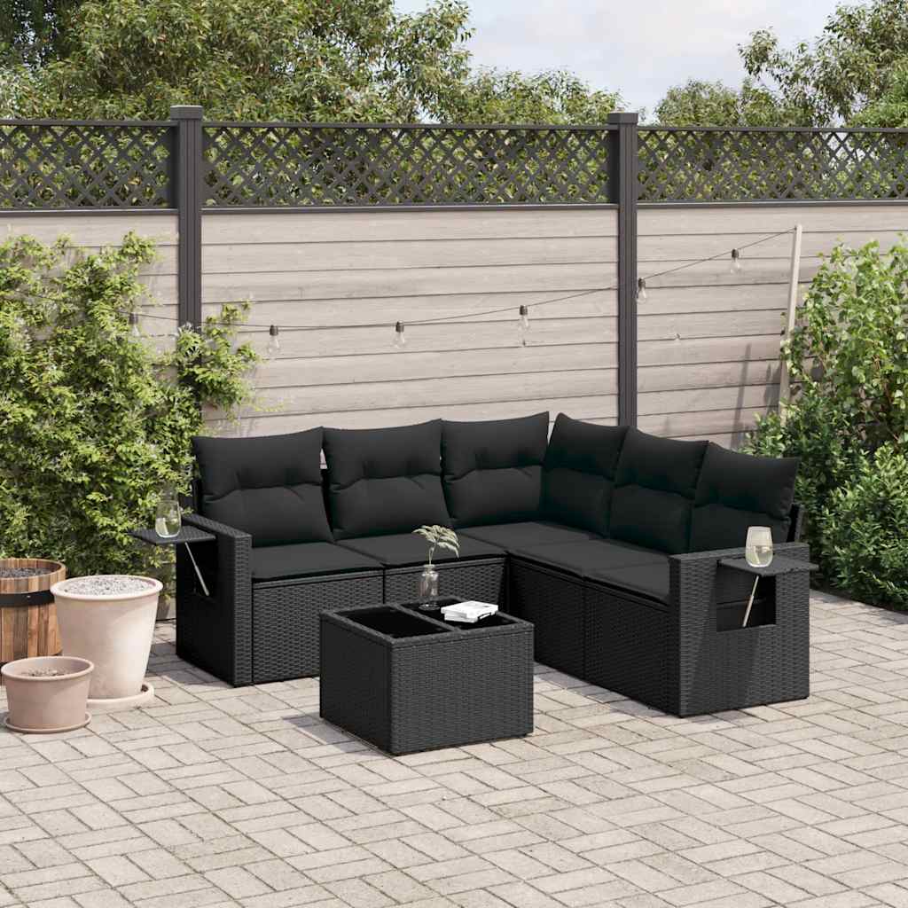 6 Pcs conjunto sofás de jardim c/ almofadões vime PE preto