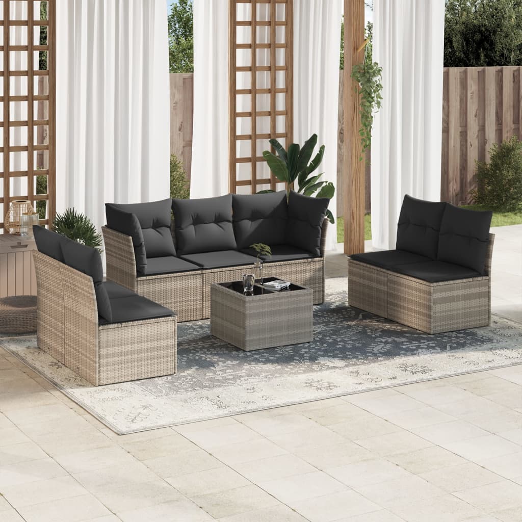 8 Pcs conj. sofás jardim c/ almofadões vime PE cinzento-claro