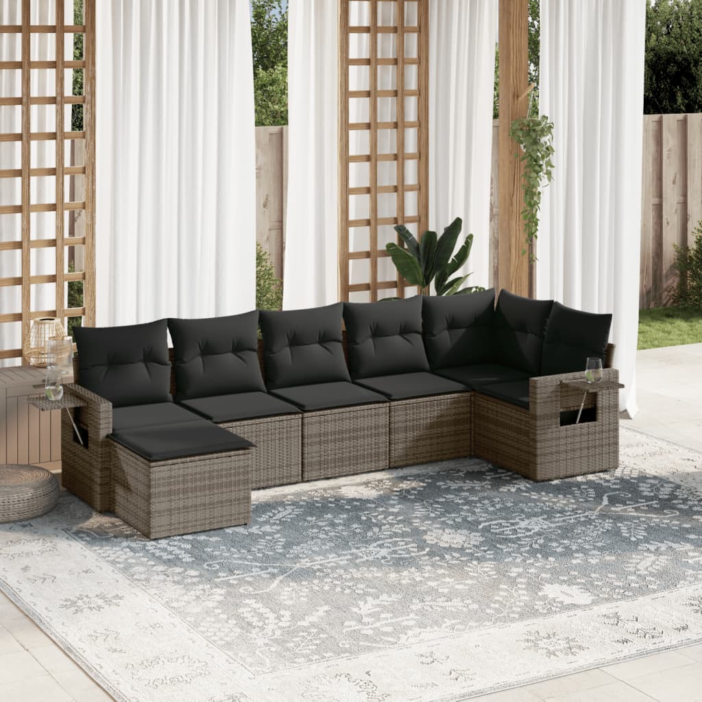7 Pcs conjunto sofás p/ jardim c/ almofadões vime PE cinzento