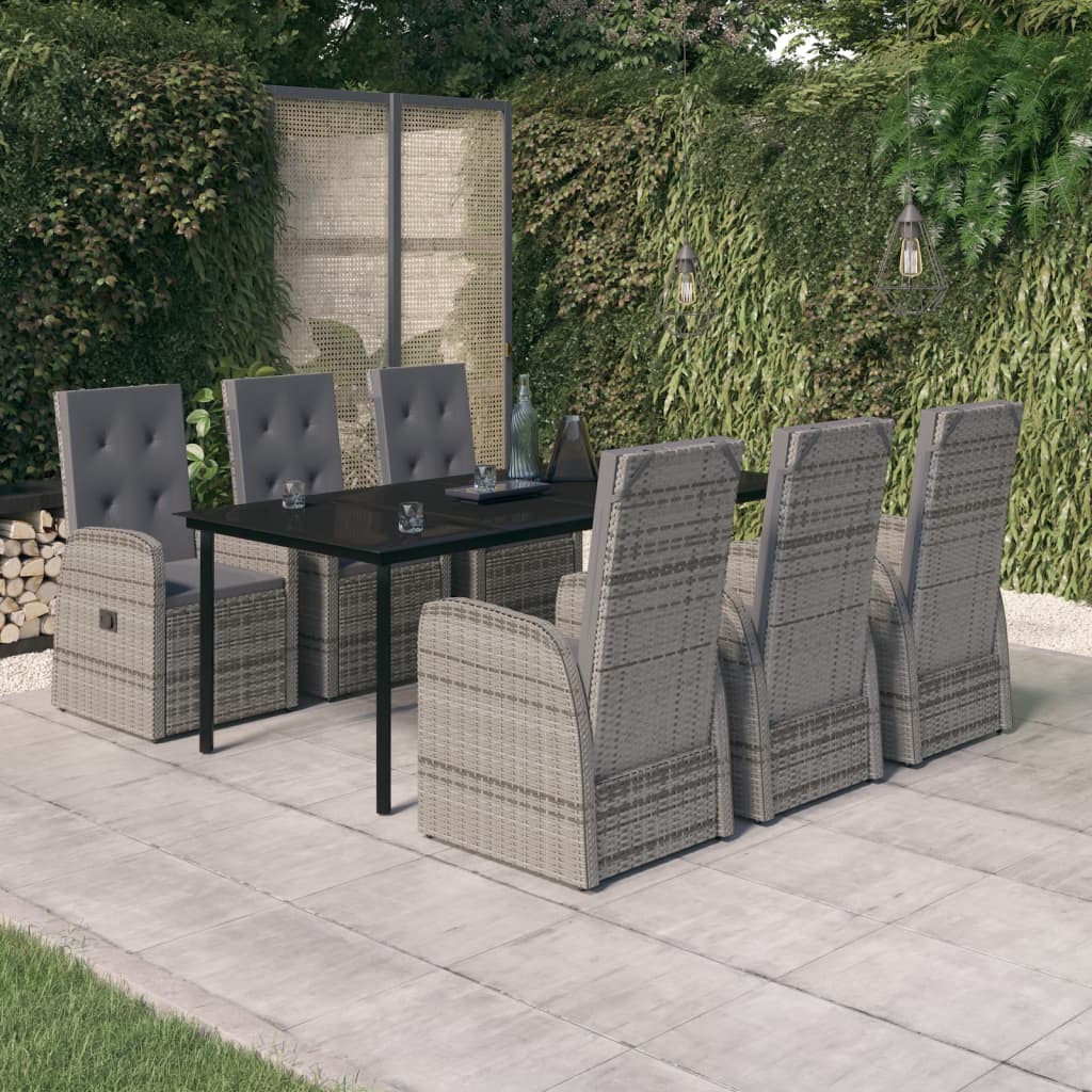7 Pcs conjunto de jantar para jardim com almofadões cinza