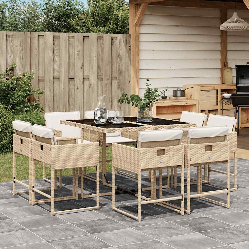 9 Pcs conjunto de jantar p/ jardim com almofadões vime PE bege