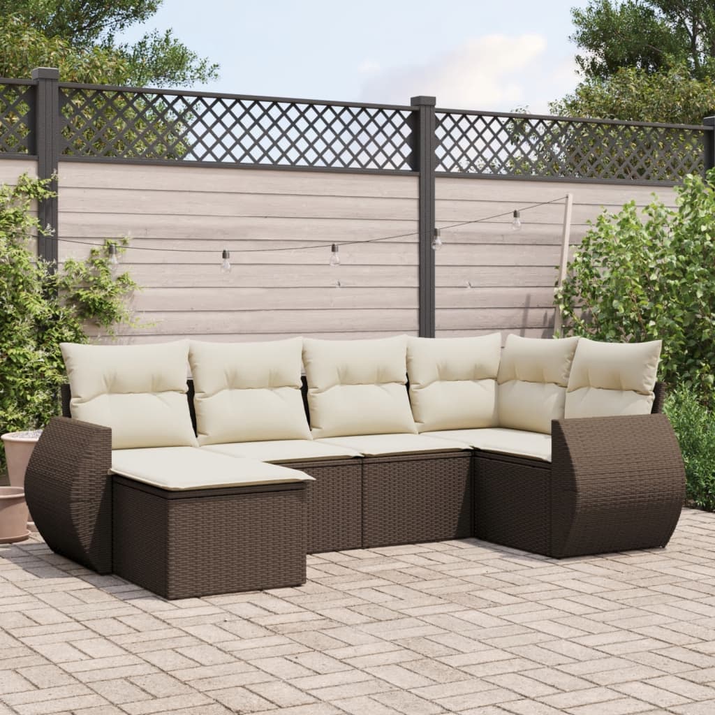 6 Pcs conjunto de sofás jardim c/ almofadões vime PE castanho