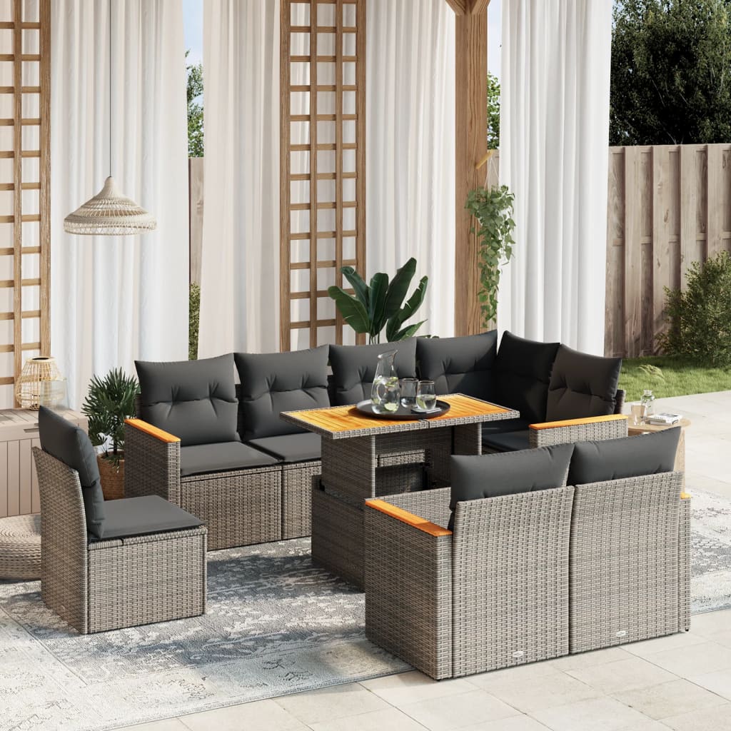 9 Pcs conjunto sofás p/ jardim com almofadões vime PE cinzento