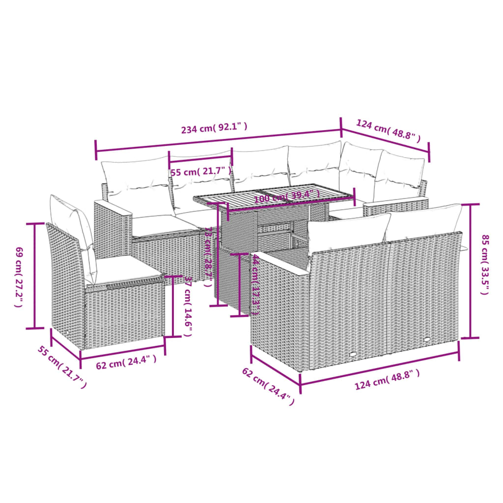 9 Pcs conjunto sofás p/ jardim com almofadões vime PE cinzento