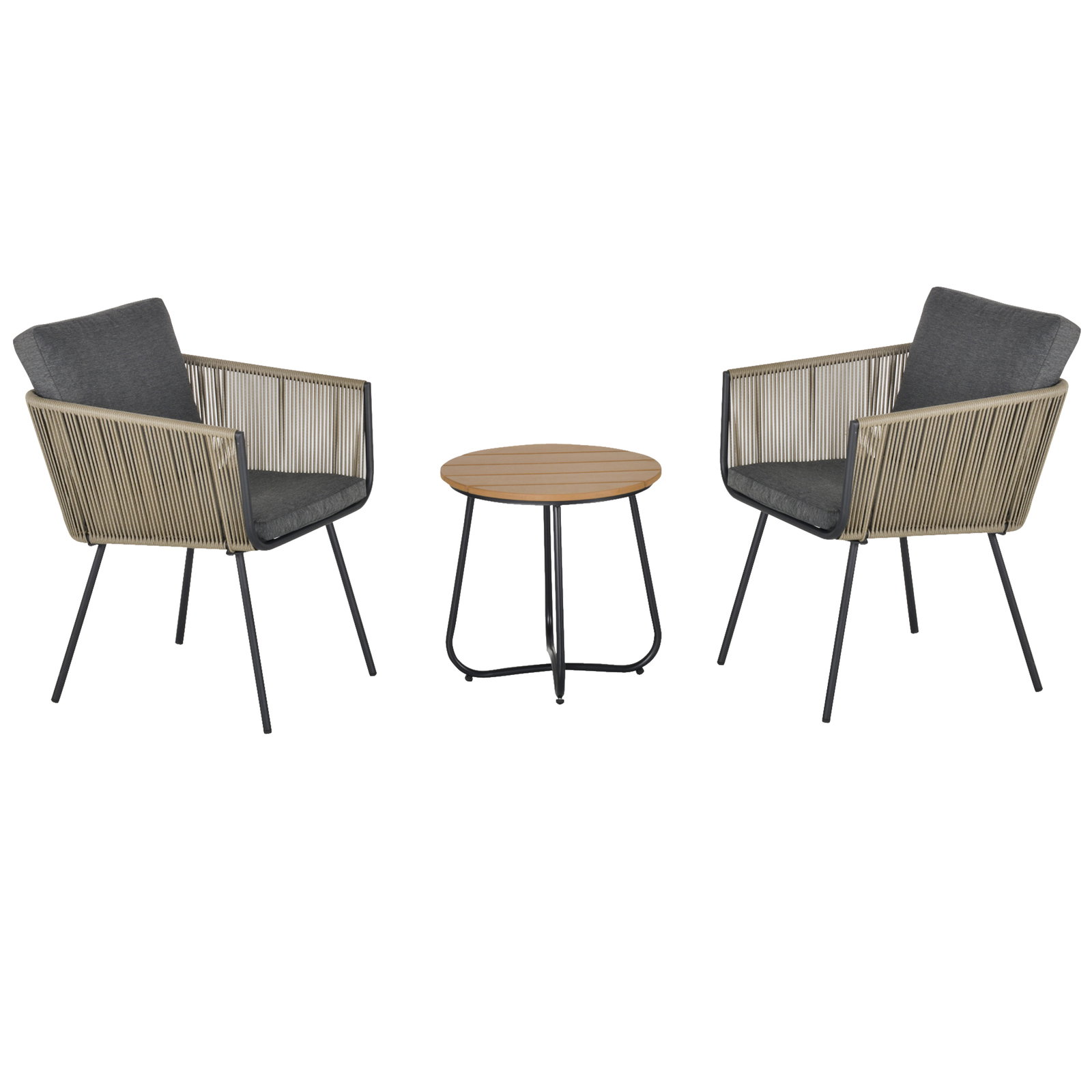 Conjunto de móveis de vime conjunto de móveis para jardim 3 peças mesa redonda e 2 poltronas com almofadas acolchoadas pátio terraço cinza e marrom