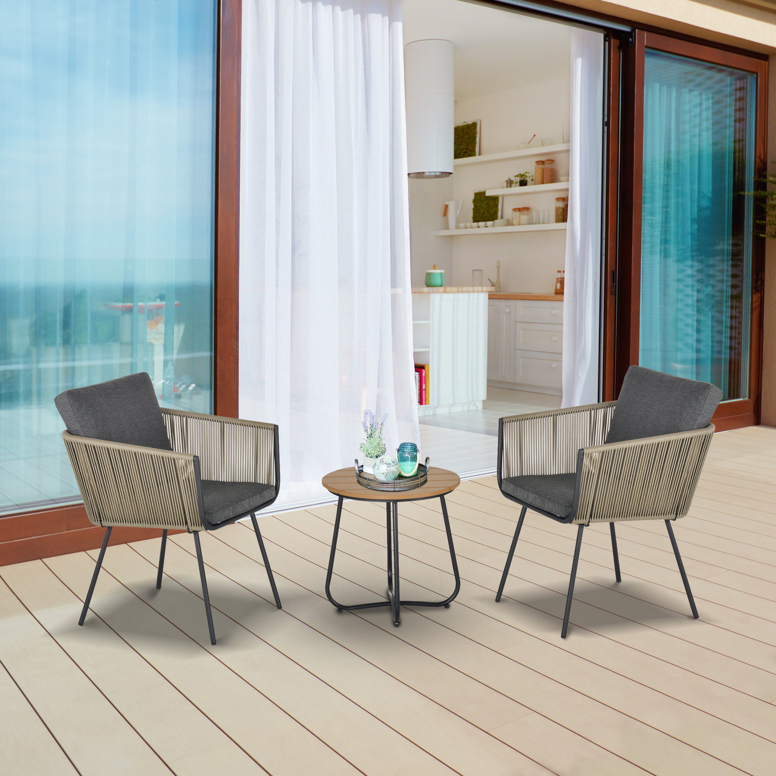 Conjunto de móveis de vime conjunto de móveis para jardim 3 peças mesa redonda e 2 poltronas com almofadas acolchoadas pátio terraço cinza e marrom