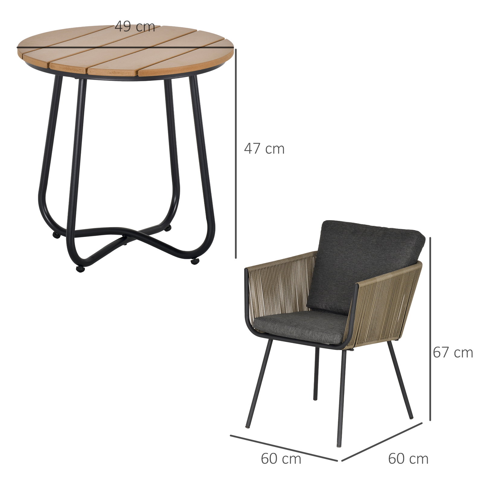 Conjunto de móveis de vime conjunto de móveis para jardim 3 peças mesa redonda e 2 poltronas com almofadas acolchoadas pátio terraço cinza e marrom