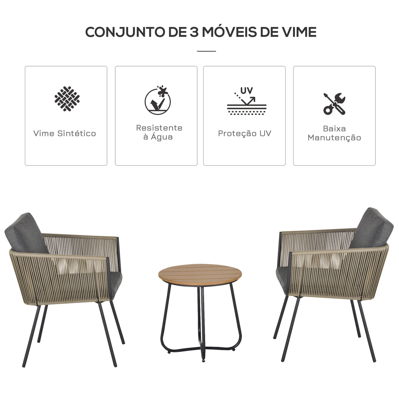 Conjunto de móveis de vime conjunto de móveis para jardim 3 peças mesa redonda e 2 poltronas com almofadas acolchoadas pátio terraço cinza e marrom