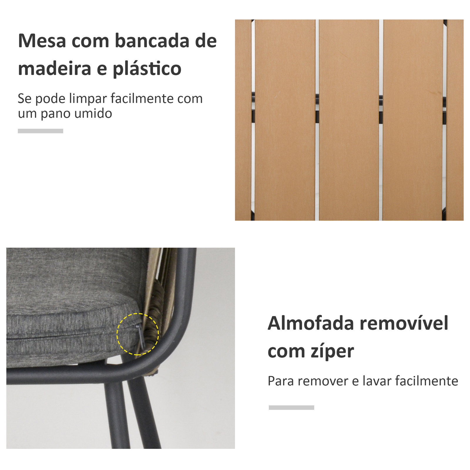 Conjunto de móveis de vime conjunto de móveis para jardim 3 peças mesa redonda e 2 poltronas com almofadas acolchoadas pátio terraço cinza e marrom