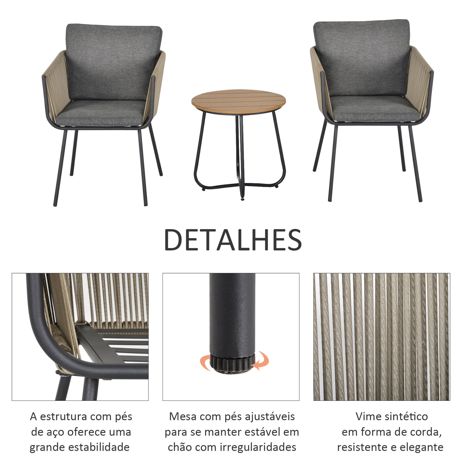 Conjunto de móveis de vime conjunto de móveis para jardim 3 peças mesa redonda e 2 poltronas com almofadas acolchoadas pátio terraço cinza e marrom