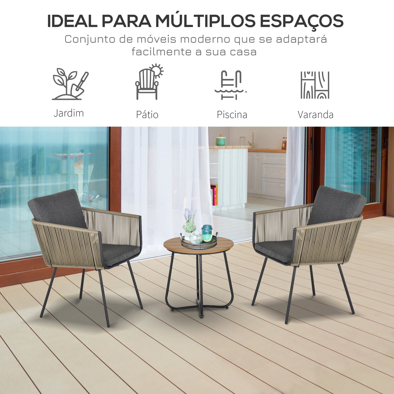 Conjunto de móveis de vime conjunto de móveis para jardim 3 peças mesa redonda e 2 poltronas com almofadas acolchoadas pátio terraço cinza e marrom
