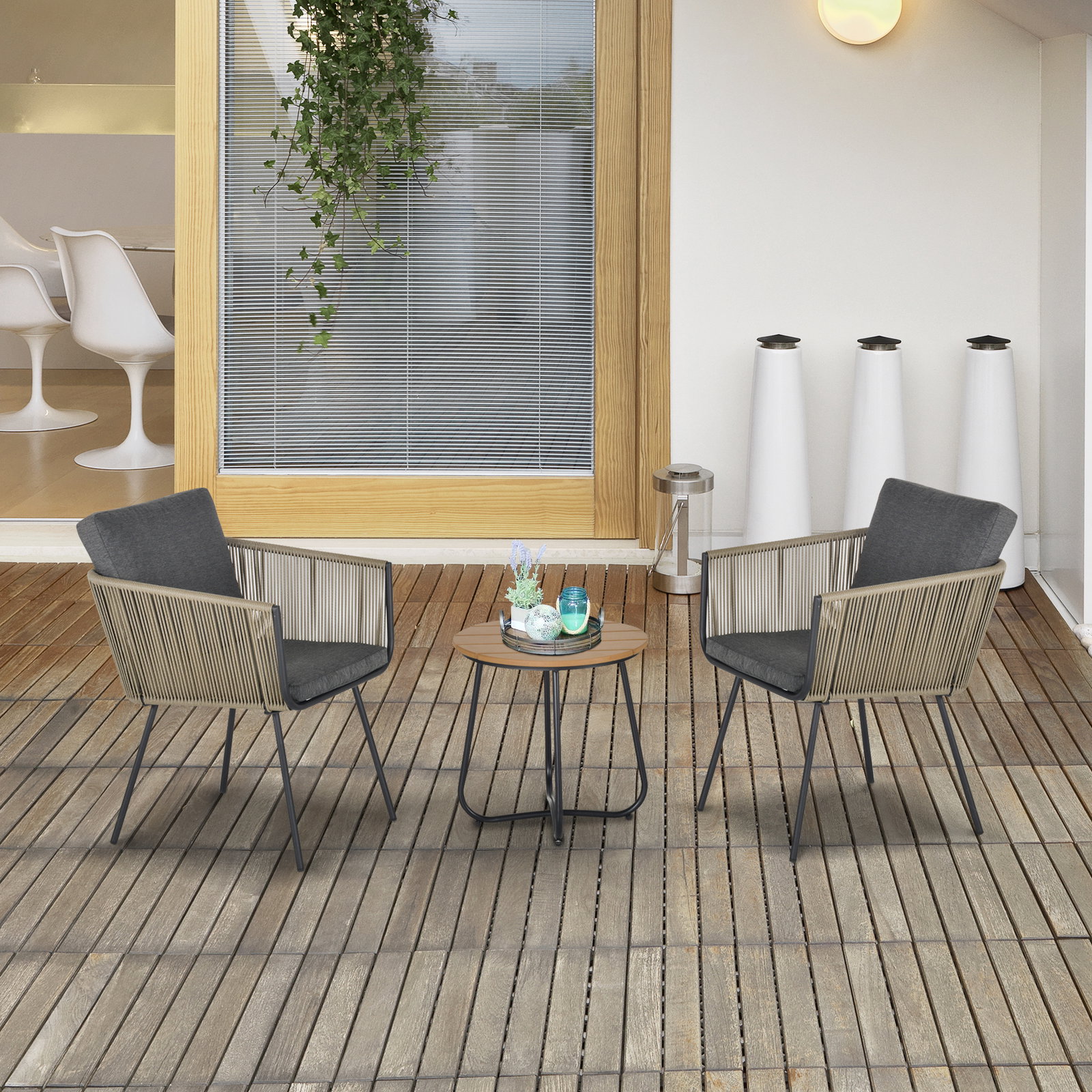 Conjunto de móveis de vime conjunto de móveis para jardim 3 peças mesa redonda e 2 poltronas com almofadas acolchoadas pátio terraço cinza e marrom