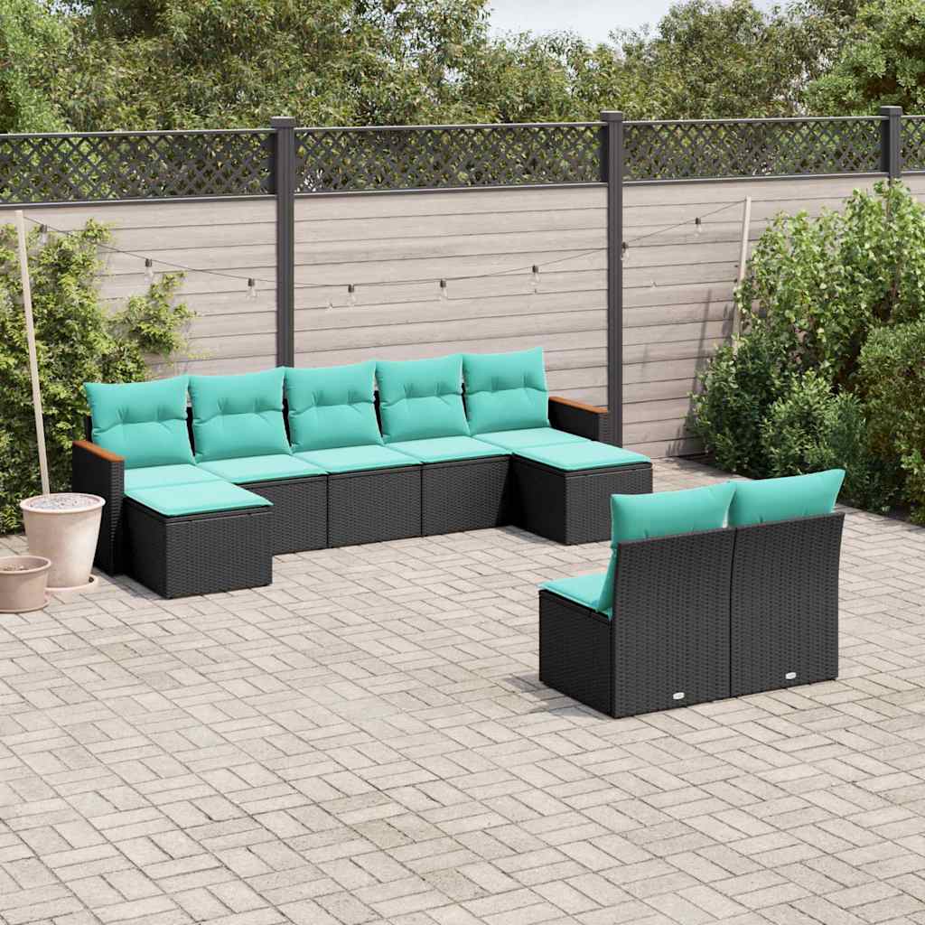 Conjunto de sofá de jardim de 9 peças com almofadas em rattan sintético preto