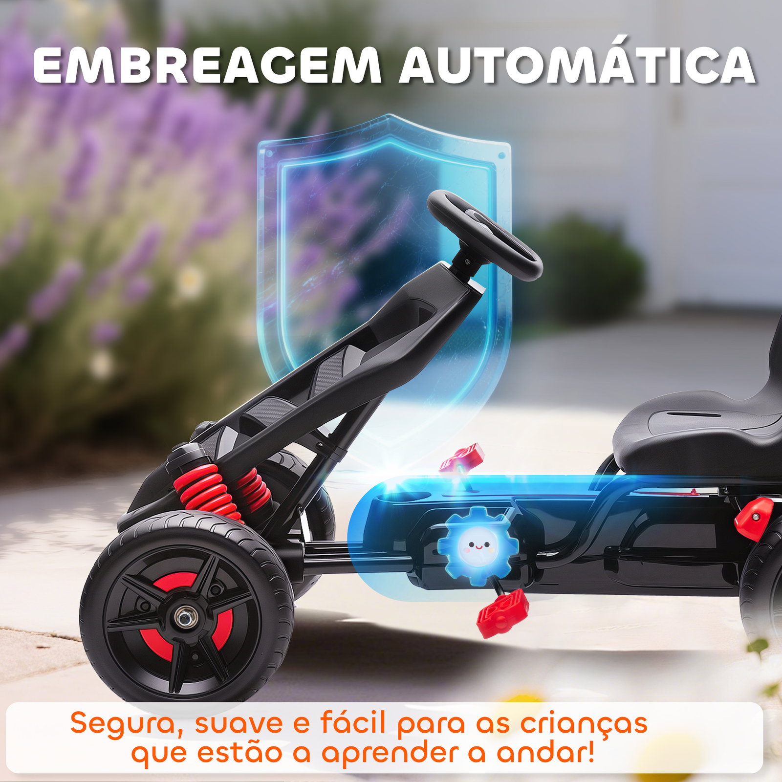 Kart a pedais para crianças com embraiagem automática travão e rodas antiderrapantes em eva 100x59x60,5 cm vermelho