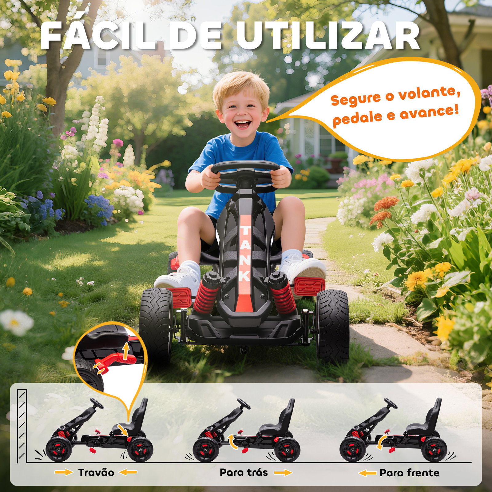 Kart a pedais para crianças com embraiagem automática travão e rodas antiderrapantes em eva 100x59x60,5 cm vermelho