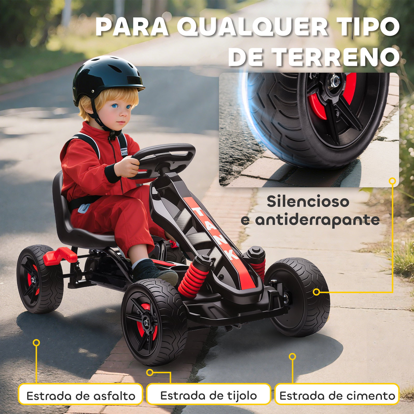 Kart a pedais para crianças com embraiagem automática travão e rodas antiderrapantes em eva 100x59x60,5 cm vermelho