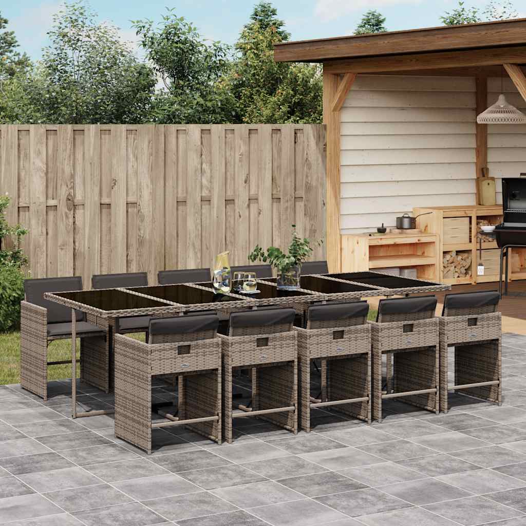 11 Pcs conjunto jantar p/ jardim c/ almofadões vime PE cinzento