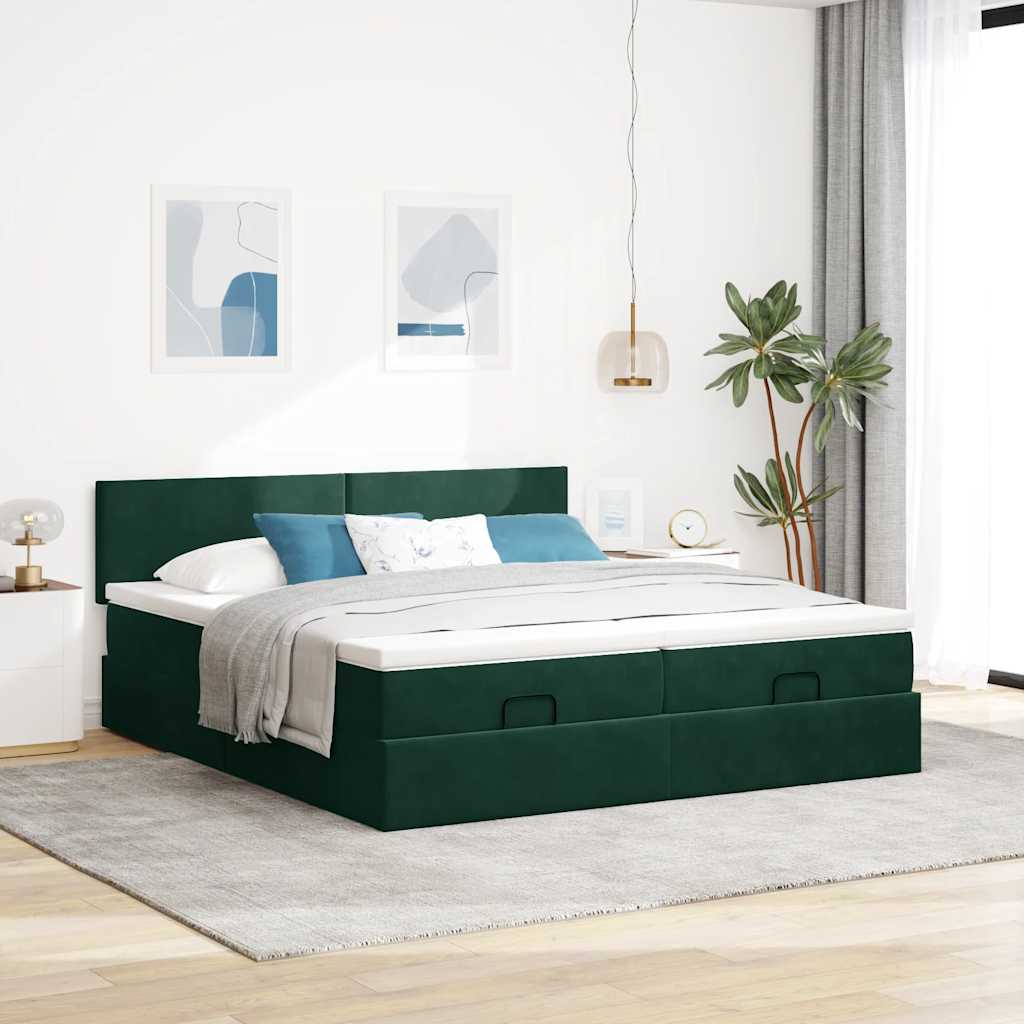 Estrutura de cama otomana com colchão verde escuro veludo