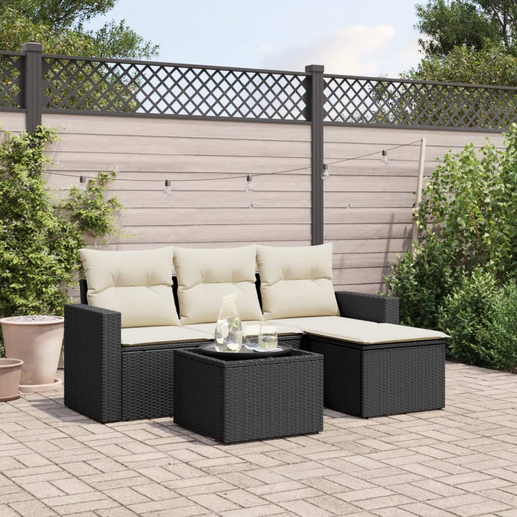 5 Pcs conjunto sofás de jardim com almofadões vime PE preto