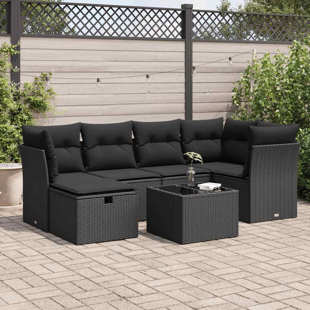 7 Pcs conjunto de sofás p/ jardim c/ almofadões vime PE preto