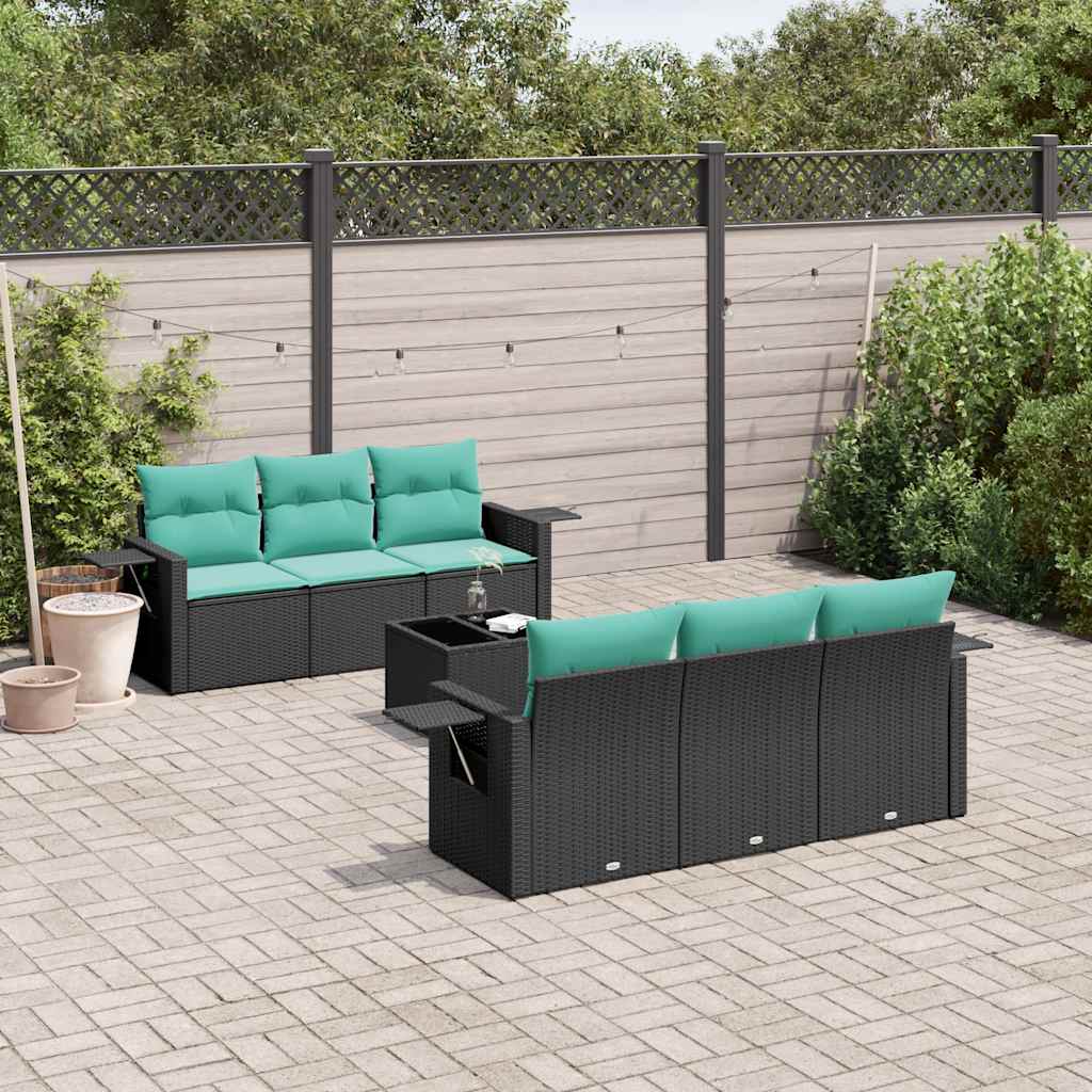Conjunto de sofá de jardim com 7 peças e almofadas em rattan sintético preto