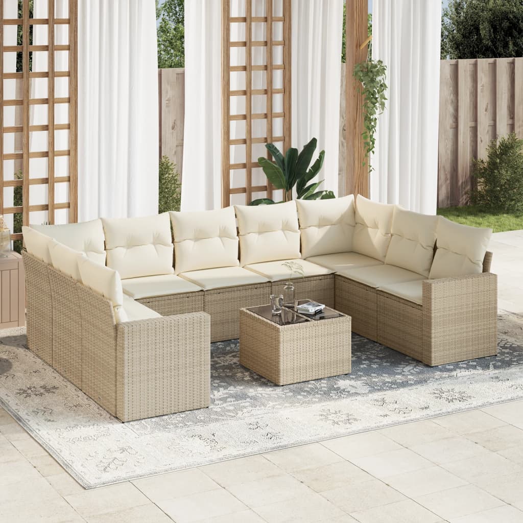 10 Pcs conjunto de sofás p/ jardim com almofadões vime PE bege