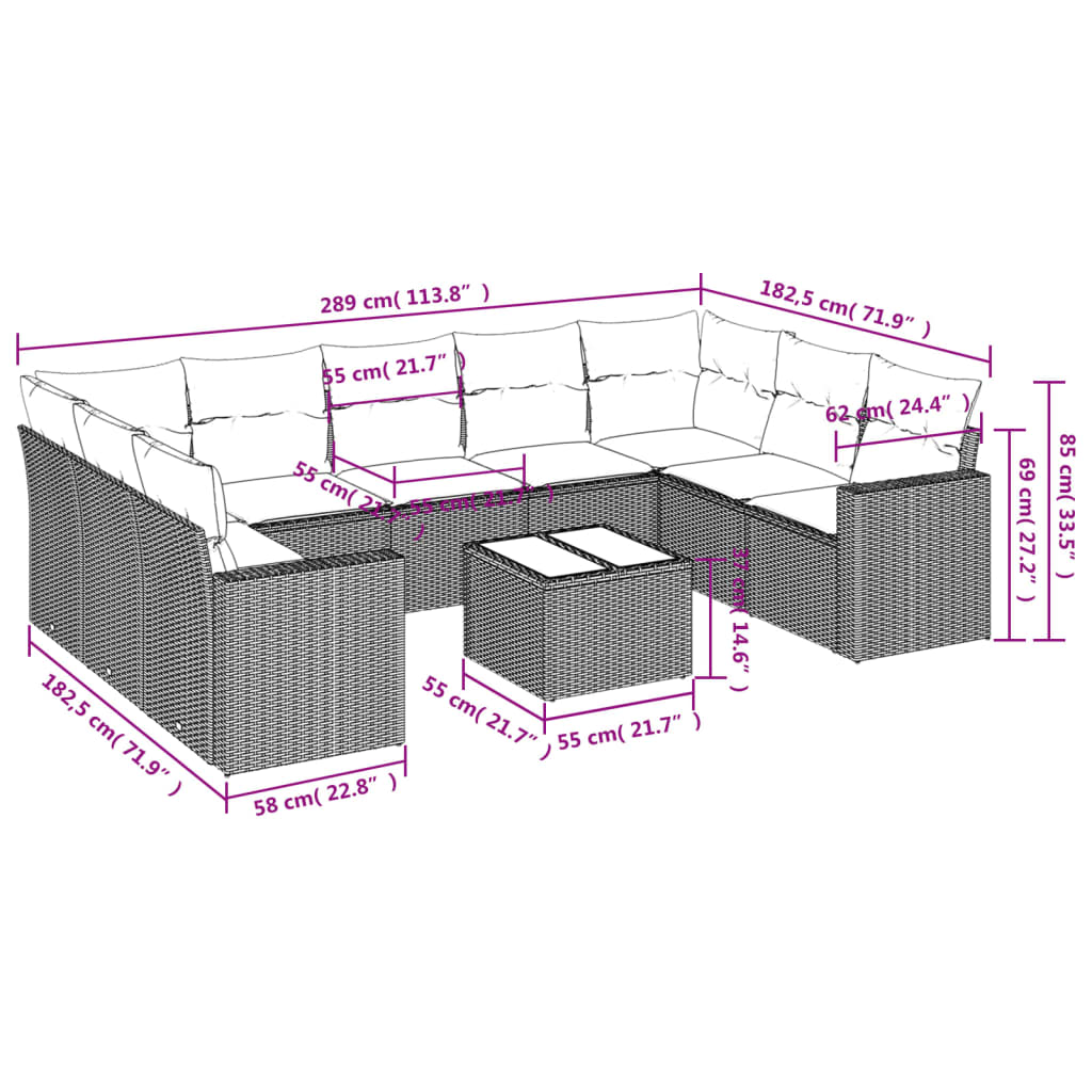 10 Pcs conjunto de sofás p/ jardim com almofadões vime PE bege