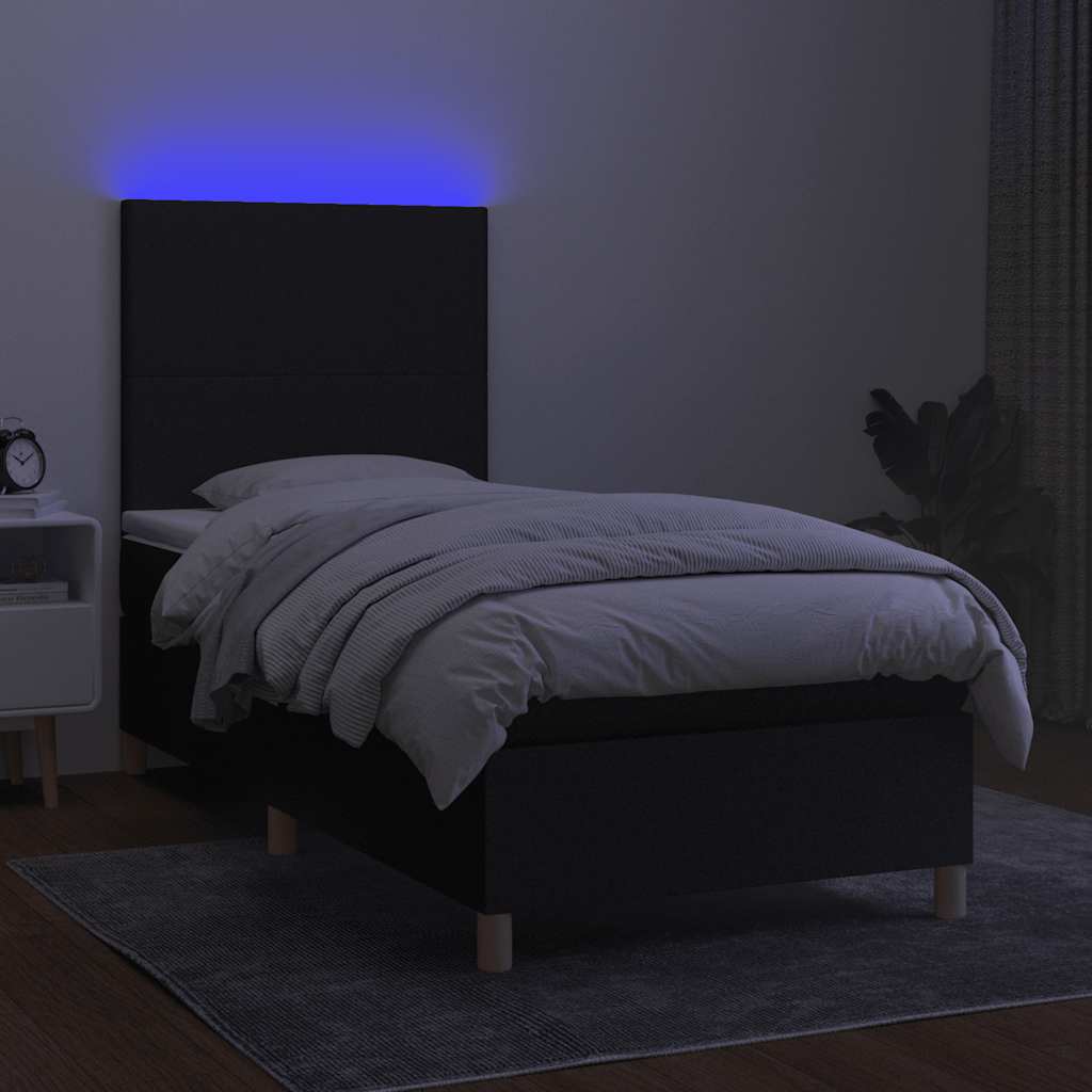 Cama box spring c/ colchão e LED 90x200 cm tecido preto