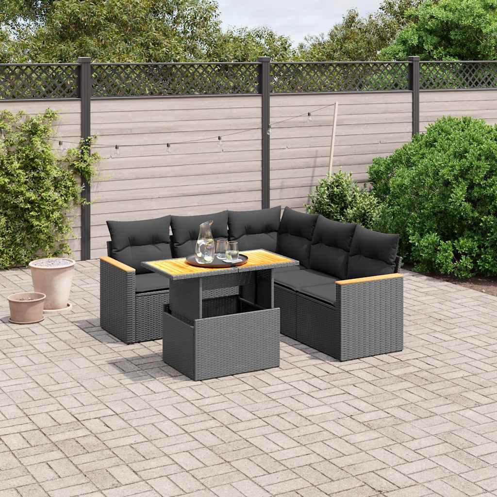 6 Pcs conjunto sofás de jardim c/ almofadões vime PE preto