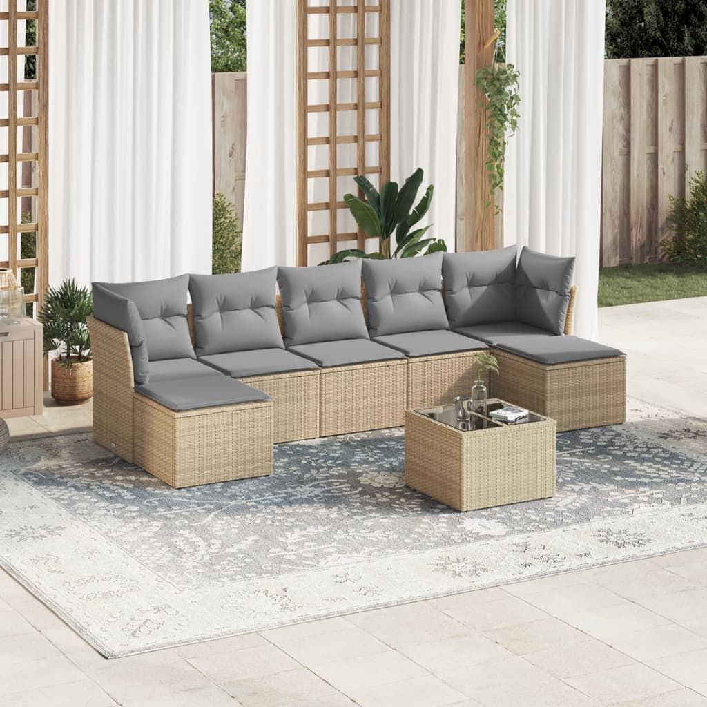 8 Pcs conjunto de sofás p/ jardim com almofadões vime PE bege