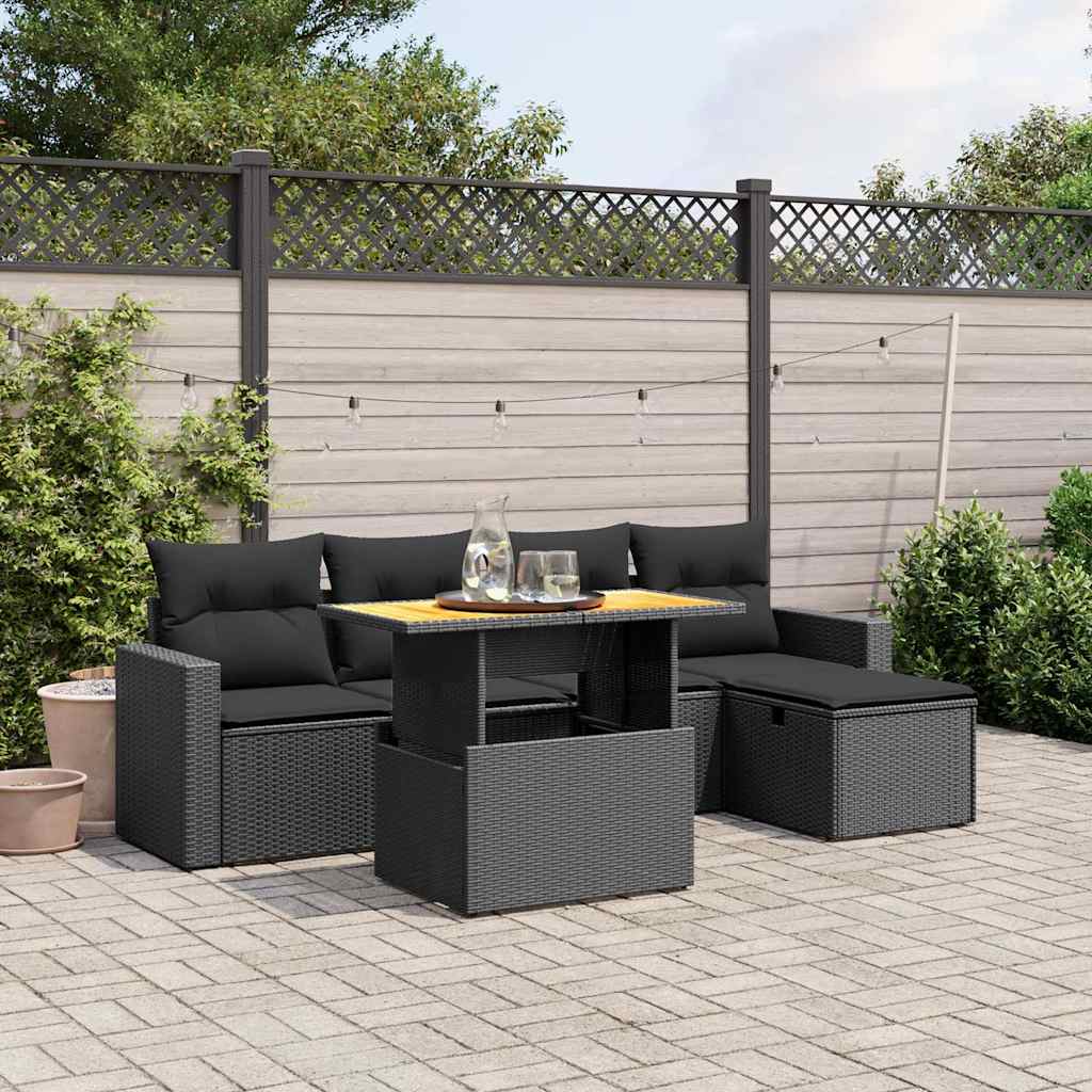 6 Pcs conjunto sofás de jardim c/ almofadões vime PE preto