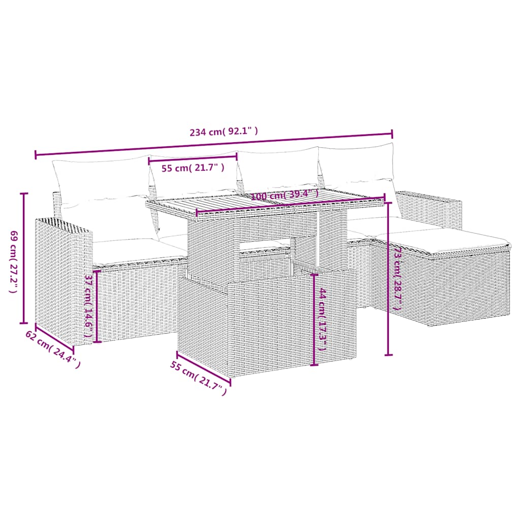 6 Pcs conjunto sofás de jardim c/ almofadões vime PE preto
