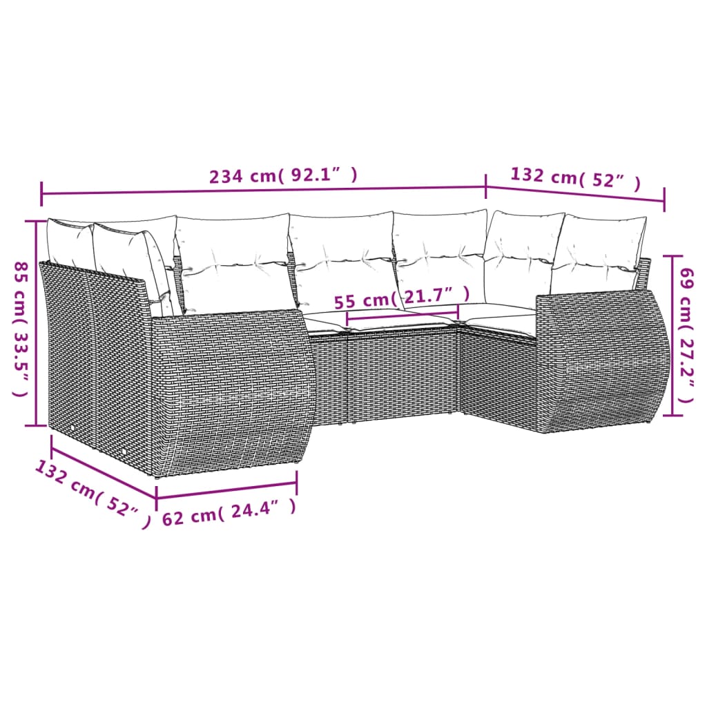 6 Pcs conjunto de sofás p/ jardim com almofadões vime PE bege