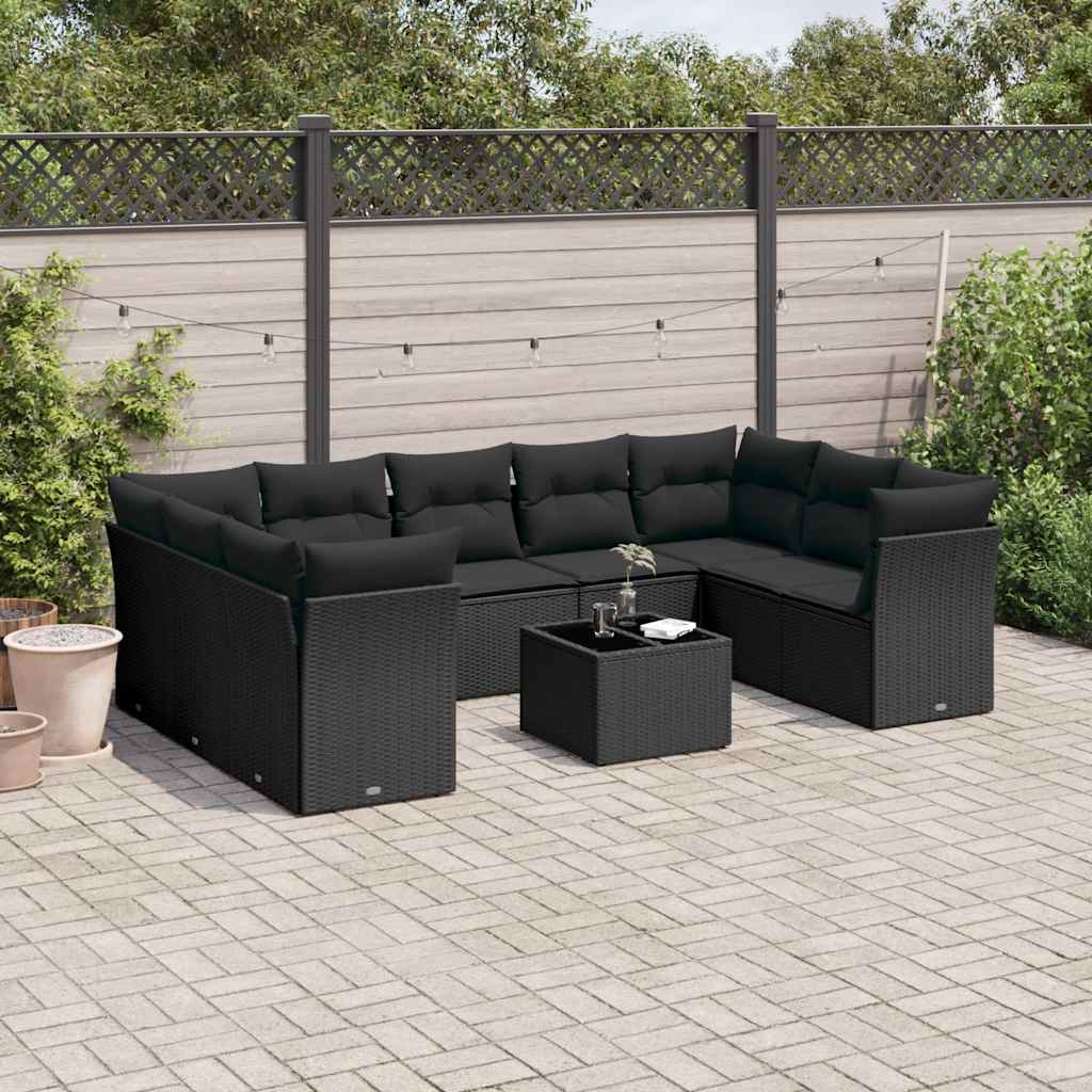 10 Pcs conjunto sofás de jardim c/ almofadões vime PE preto