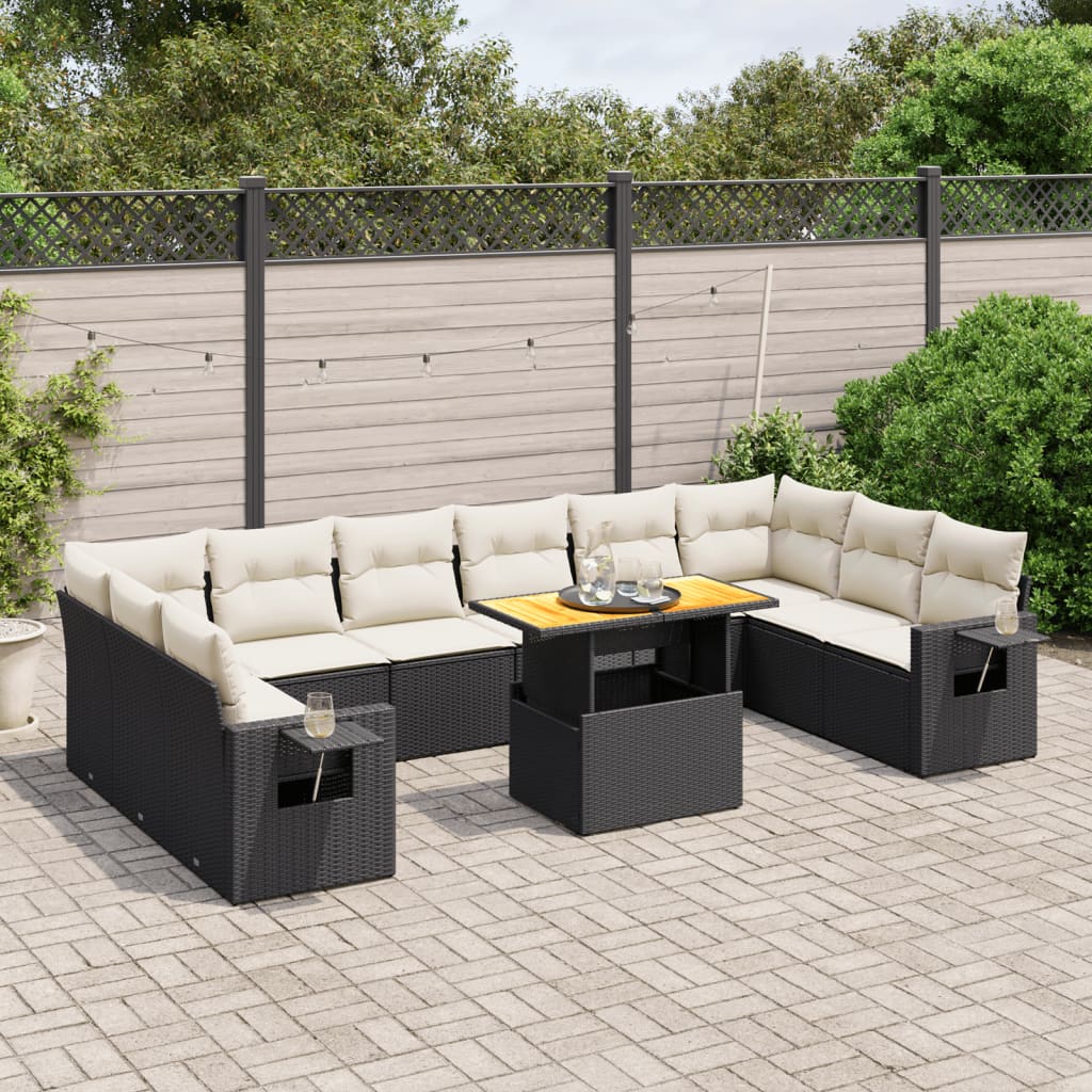 11 Pcs conjunto sofás de jardim c/ almofadões vime PE preto