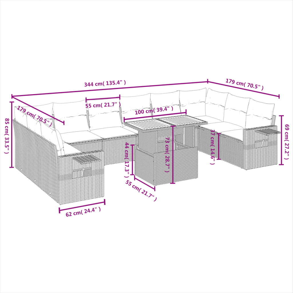 11 Pcs conjunto sofás de jardim c/ almofadões vime PE preto