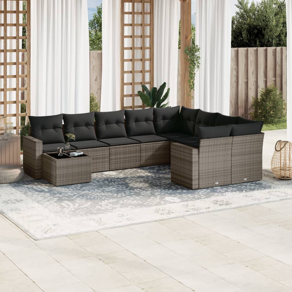 10 Pcs conjunto sofás de jardim c/ almofadões vime PE cinzento