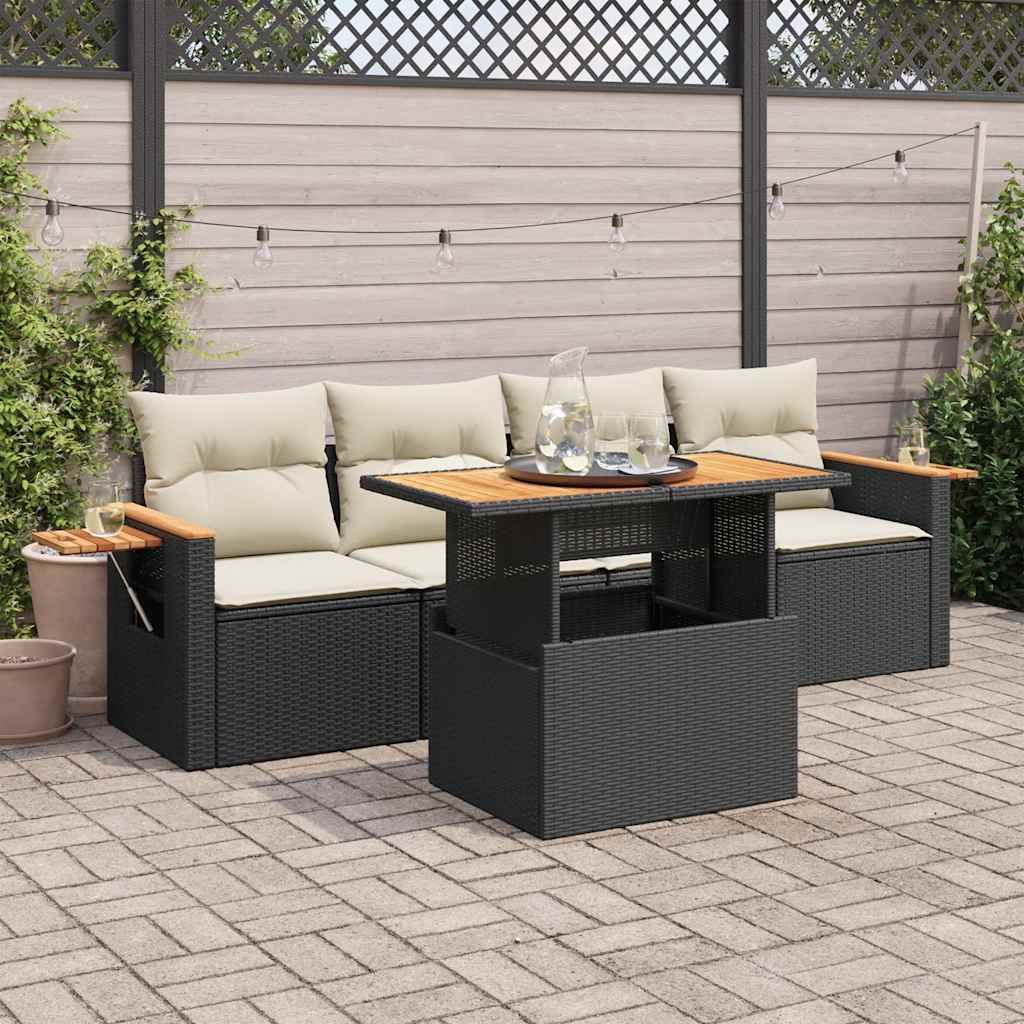 5 Pcs conjunto sofás de jardim com almofadões acácia e vime PE